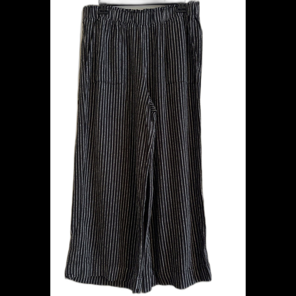 Time And Tru Pants Women’s L Black White Pinstripe Linen Blend Elastic Pockets
